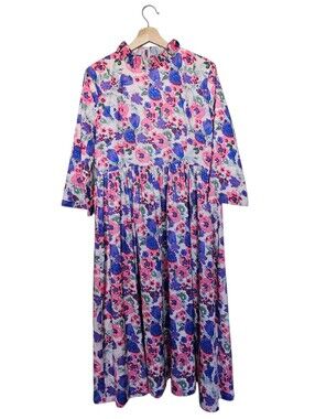 Dainty Jewells Clothier Modest Floral Midi Dress in Pink & Blue Size XL
